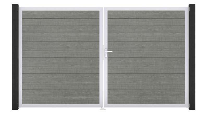 planeo Gardence Simply Small - PVC-Tor - DIN Rechts 2-flügelig Grey Ash Cut mit Silber-Alurahmen | EV1 300 x 180 cm