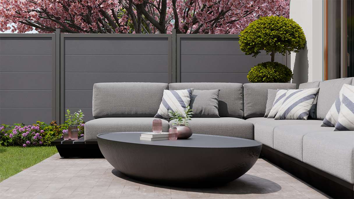 planeo Gardence Simply Guard - PVC-Gartenzaun Anthrazitgrau mit Alu-Rahmen in Anthrazit 180 x 180 cm
