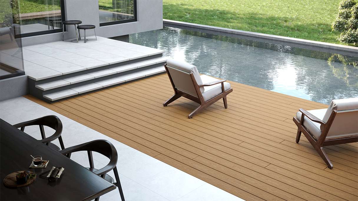 planeo CoEXWood WPC Terrassendiele Massiv ummantelt - Sand/Karamell 3m strukturiert