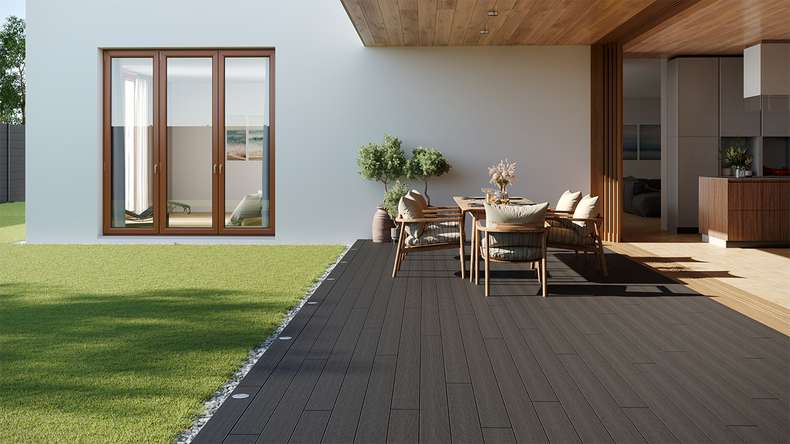 planeo LightWood WPC-Terrasse Komplett-Set Hohlkammerdiele 3.6m (19.44m²) - Dunkelgrau gerillt/genutet