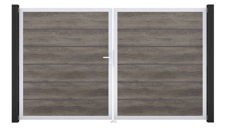 planeo Gardence Simply Premium - PVC-Tor 2-flügelig Monument Oak mit Alurahmen 300 x 180 cm