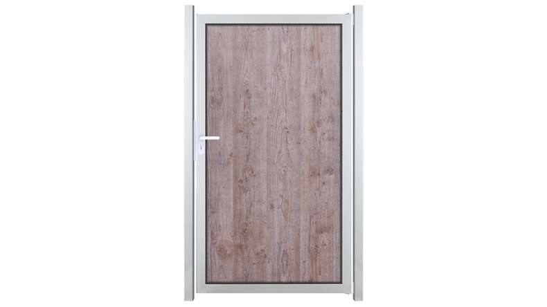 planeo Gardence Resistant - HPL-Sichtschutz Tor Holzoptik | mit EV1 Silber Alu-Rahmen