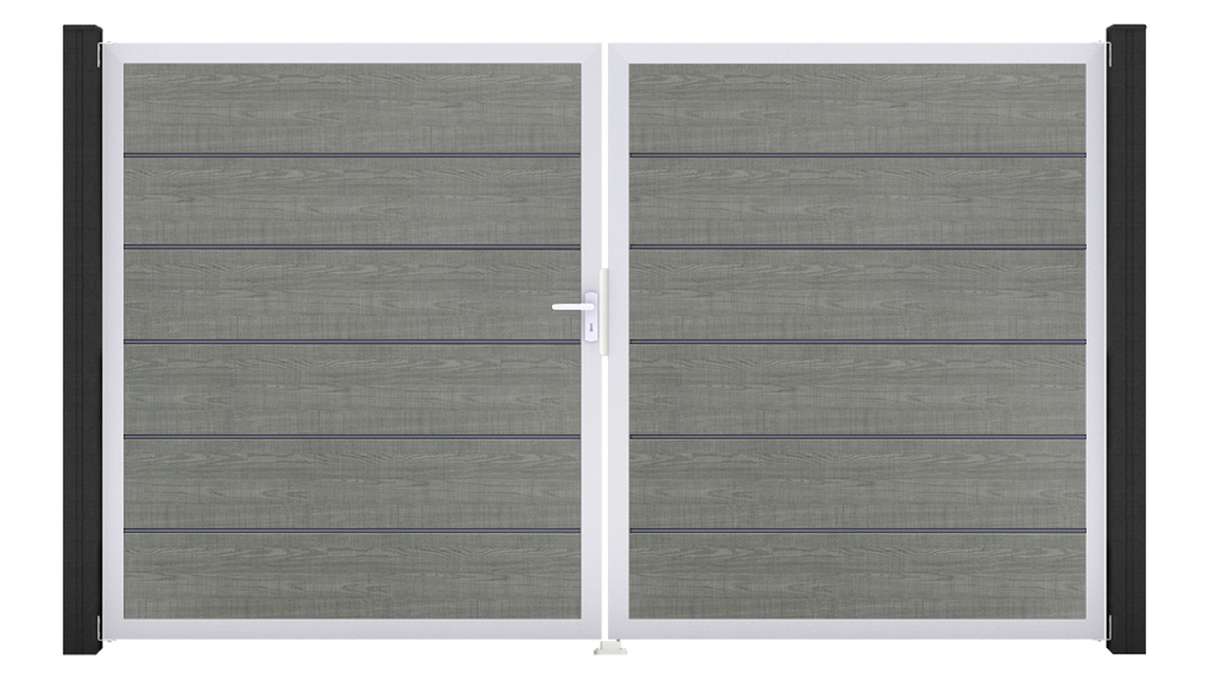 planeo Gardence Simply Premium - PVC-Tor 2-flügelig Grey Ash Cut mit Alurahmen 300 x 180 cm