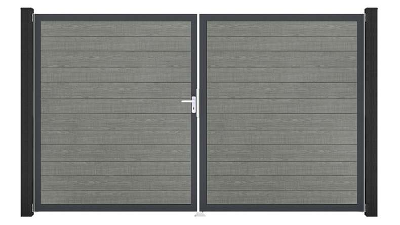 planeo Gardence Simply Small - PVC-Tor 2-flügelig Grey Ash Cut mit Alurahmen 300 x 180 cm