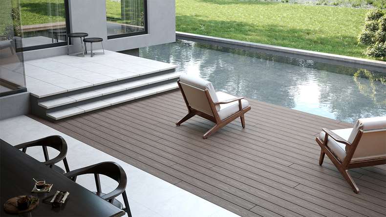 planeo CoEXWood WPC-Terrasse Komplett-Set Massivdiele 4.8m (36.69m²) - Grau/Zement strukturiert
