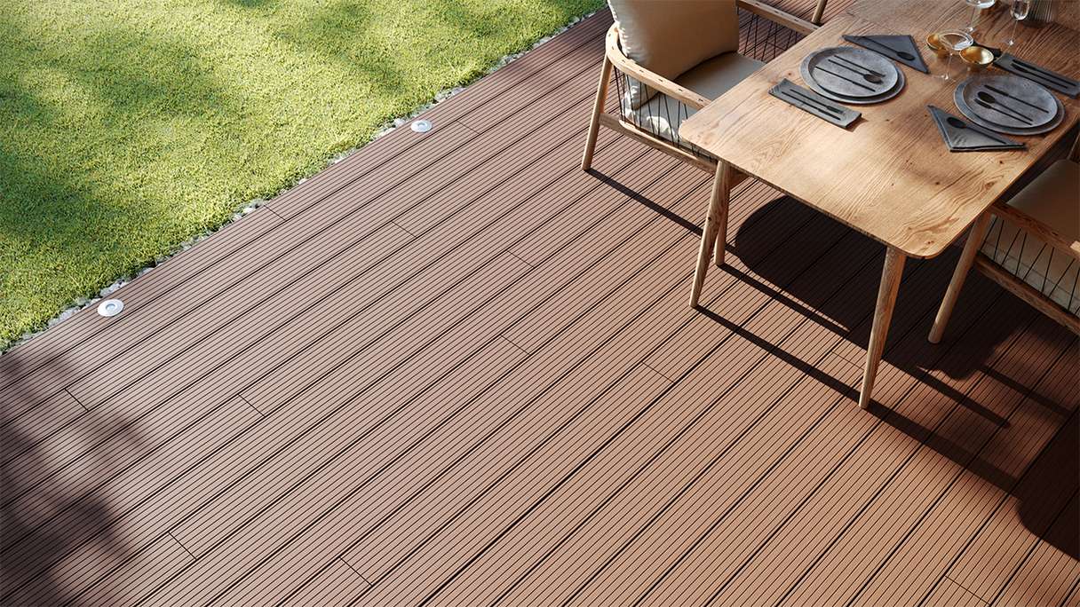 planeo LightWood WPC-Terrasse Komplett-Set Hohlkammerdiele - Hellbraun gerillt/genutet