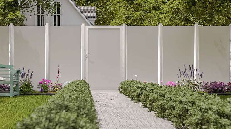 planeo Gardence Flair - Glas-Sichtschutz Tor DIN rechts Satiniert mit Alurahmen 100 x 180 cm