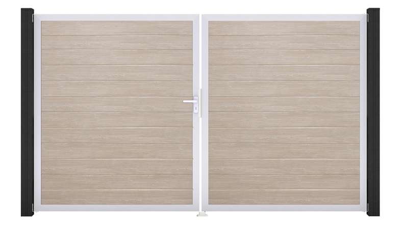 planeo Gardence Simply Small - PVC-Tor - DIN Links 2-flügelig Sheffield Oak mit Silber-Alurahmen | EV1 300 x 180 cm