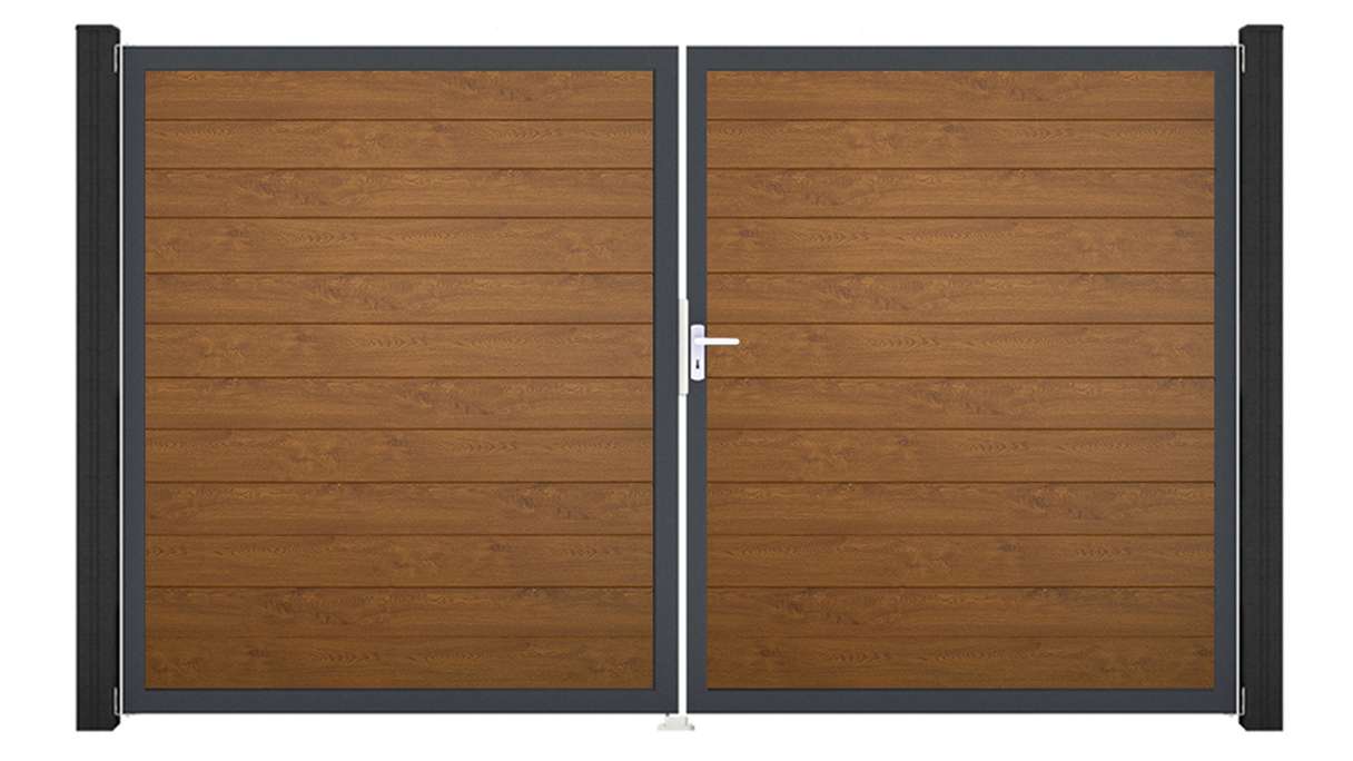 planeo Gardence Simply Small - PVC-Tor 2-flügelig Golden Oak mit Alurahmen 300 x 180 cm