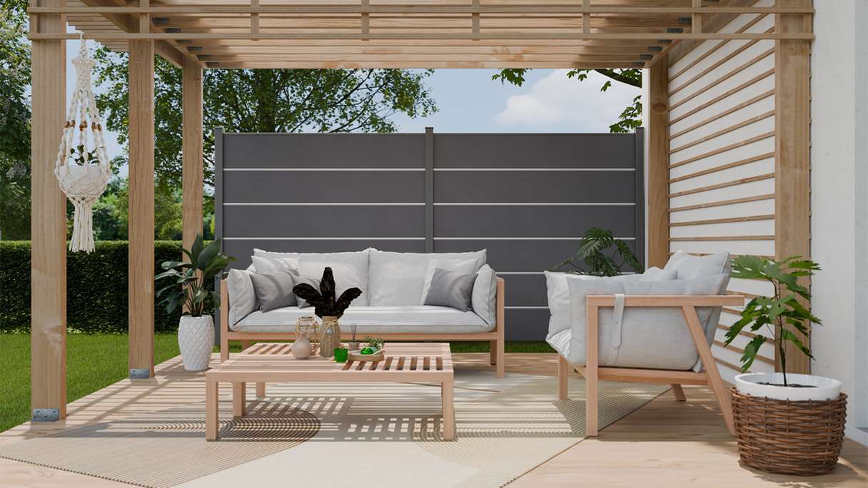 planeo Gardence Simply Premium - PVC-Steckzaun Anthrazitgrau mit Lisenen in Anthrazit 180 x 180 cm