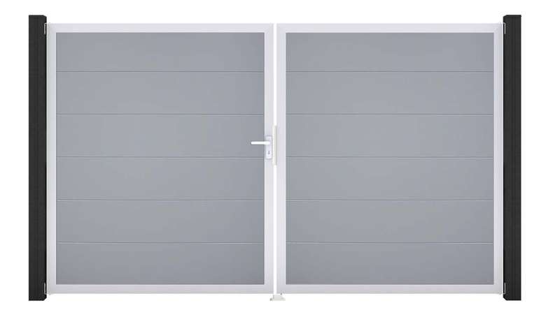 planeo Gardence Simply - PVC-Tor - DIN Links 2-flügelig Silbergrau mit Silber-Alurahmen