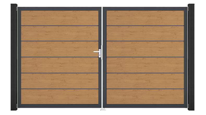 planeo Gardence Simply Premium - PVC-Tor - DIN Links 2-flügelig Asteiche Natur mit Anthrazit-Alurahmen | DB703 300 x 180 cm