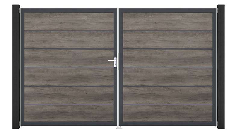planeo Gardence Simply Premium - PVC-Tor - DIN Links 2-flügelig Monument Oak mit Anthrazit-Alurahmen | DB703 300 x 180 cm