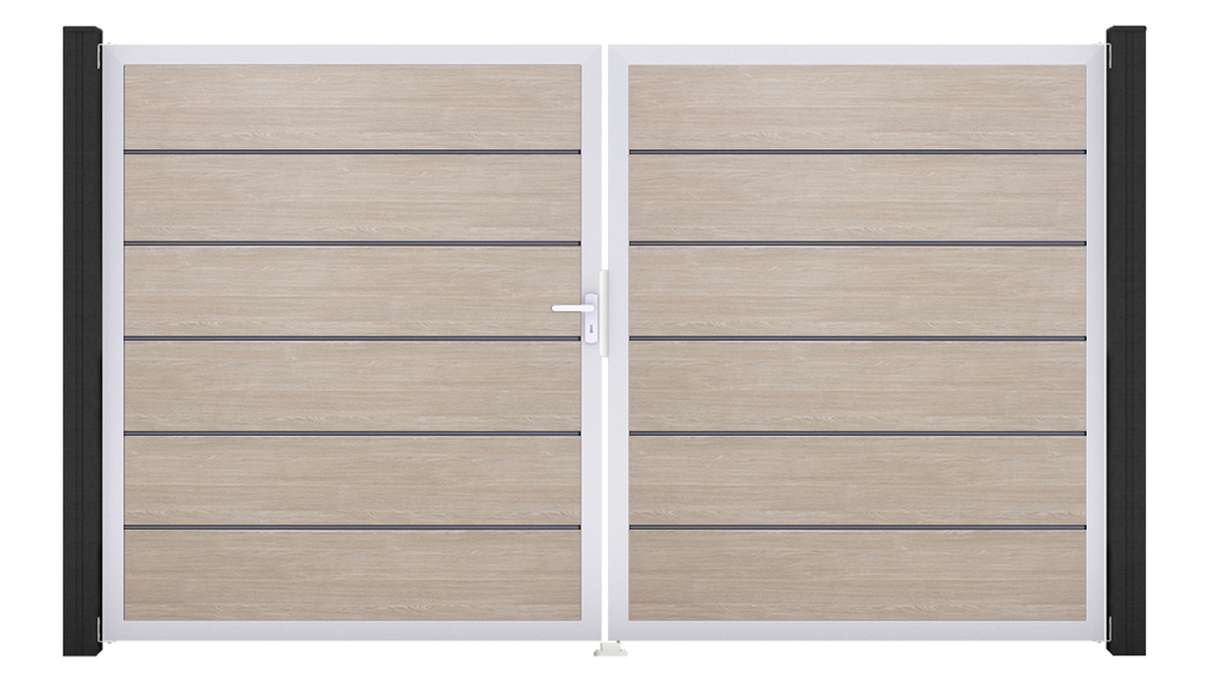 planeo Gardence Simply Premium - PVC-Tor 2-flügelig Sheffield Oak mit Alurahmen 300 x 180 cm