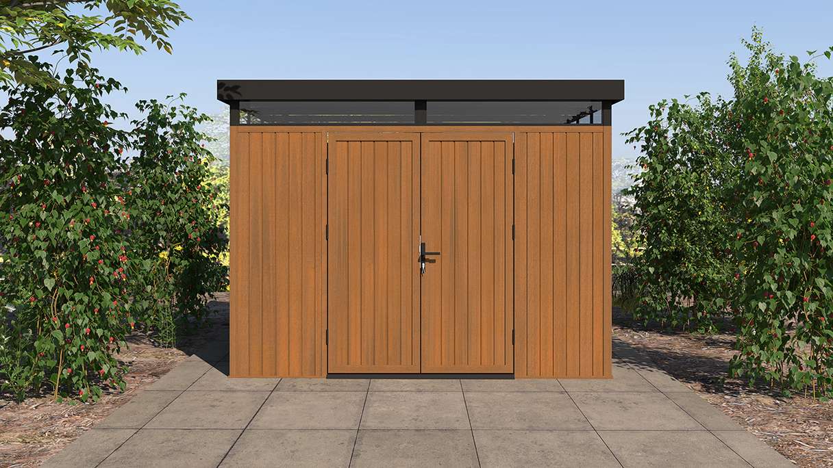 planeo WPC CoEx Flachdach Gartenhaus L - Burma Teak 300 x 292 x 226.5 cm