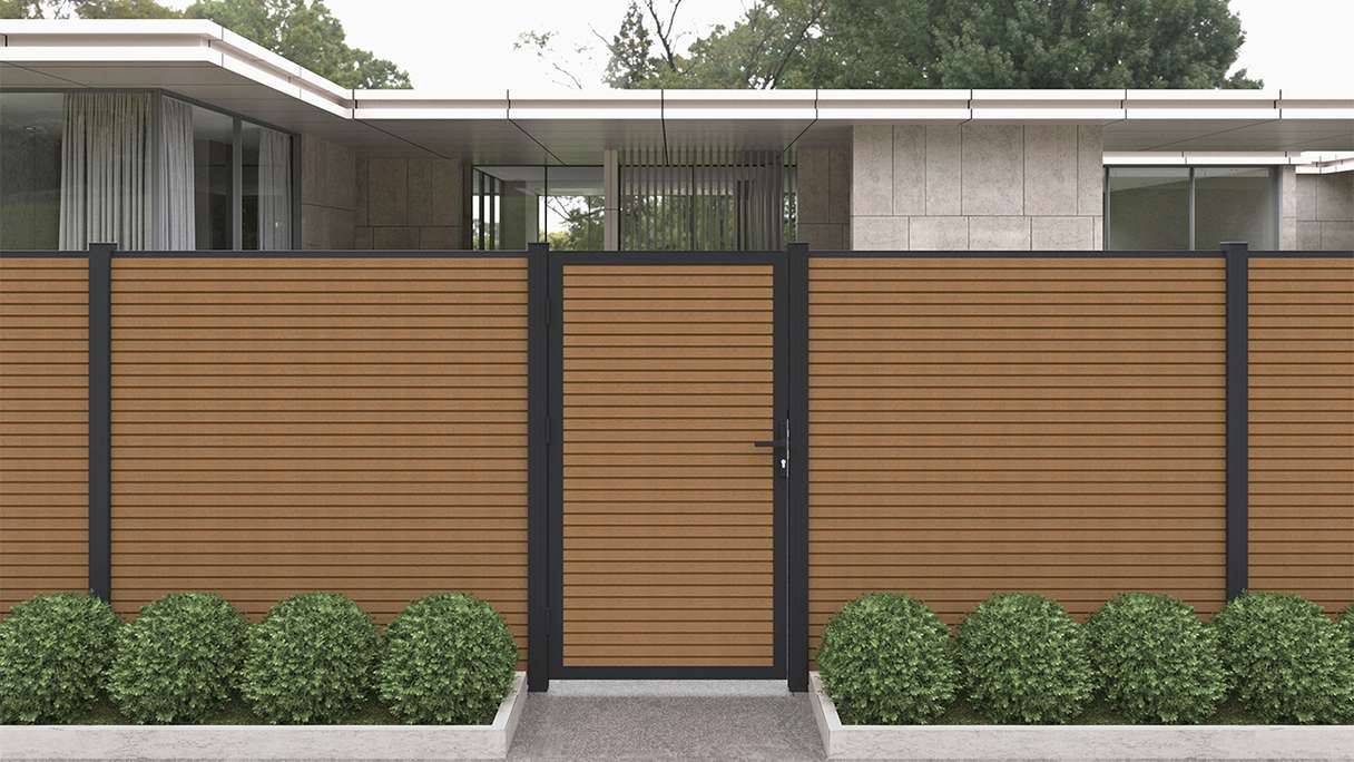 planeo LINEA - WPC CoEx Rhombus Universaltor Burma Teak mit Anthrazit Alurahmen 100 x 180 cm