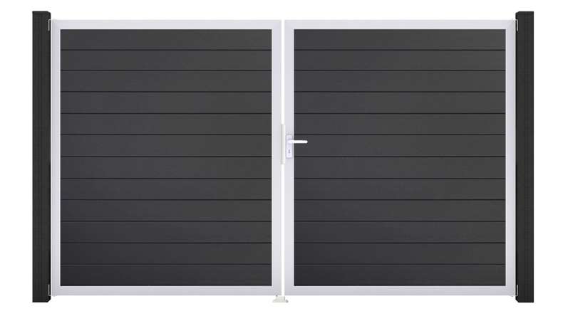 planeo Gardence Simply Small - PVC-Tor - DIN Rechts 2-flügelig Anthrazitgrau mit Silber-Alurahmen | EV1 300 x 180 cm
