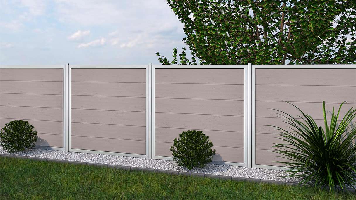planeo Gardence Guard - BPC-Gartenzaun Quadratisch Bi-Color Sand mit Alu-Rahmen in Silber