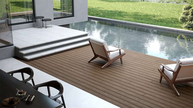 planeo CoEXWood WPC-Terrasse Komplett-Set Massivdiele 4.8m (40.92m²) - Hellbraun/Dunkelbraun strukturiert