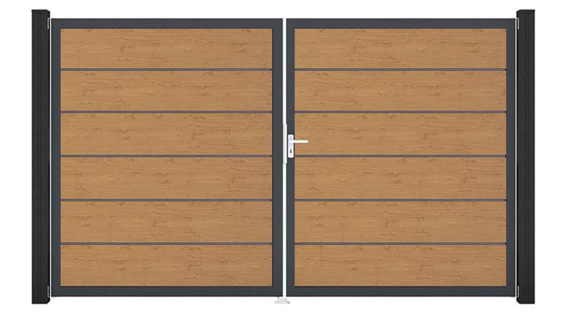 planeo Gardence Simply Premium - PVC-Tor 2-flügelig Asteiche Natur mit Alurahmen 300 x 180 cm