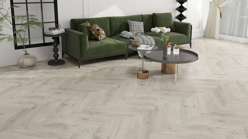 planeo Rigid Klick Vinyl - SolutionX 2in1 Fischgrät Eiche Hellgrau | Trittschalldämmung integr. (ECF-HB-3855)