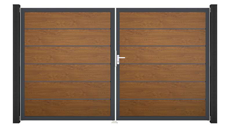 planeo Gardence Simply Premium - PVC-Tor 2-flügelig Golden Oak mit Alurahmen 300 x 180 cm