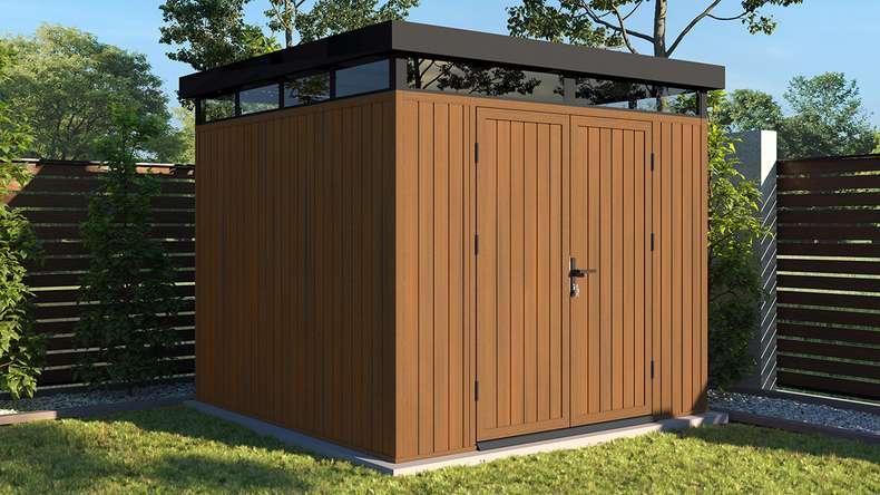 planeo WPC CoEx Flachdach Gartenhaus M - Burma Teak 250 x 250 x 226.5 cm