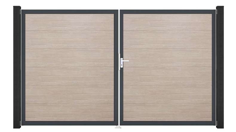 planeo Gardence Simply - PVC-Tor - DIN Rechts 2-flügelig Sheffield Oak mit Anthrazit-Alurahmen