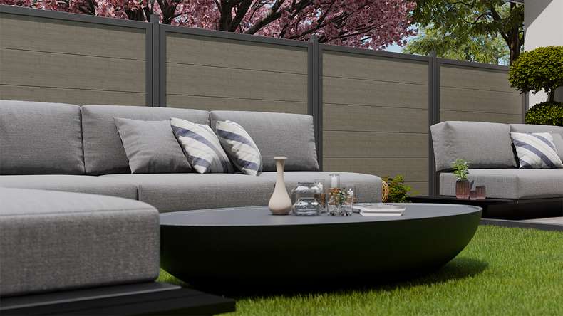planeo Gardence Simply Guard - PVC-Gartenzaun Grey Ash Cut mit Alu-Rahmen in Anthrazit 180 x 180 cm