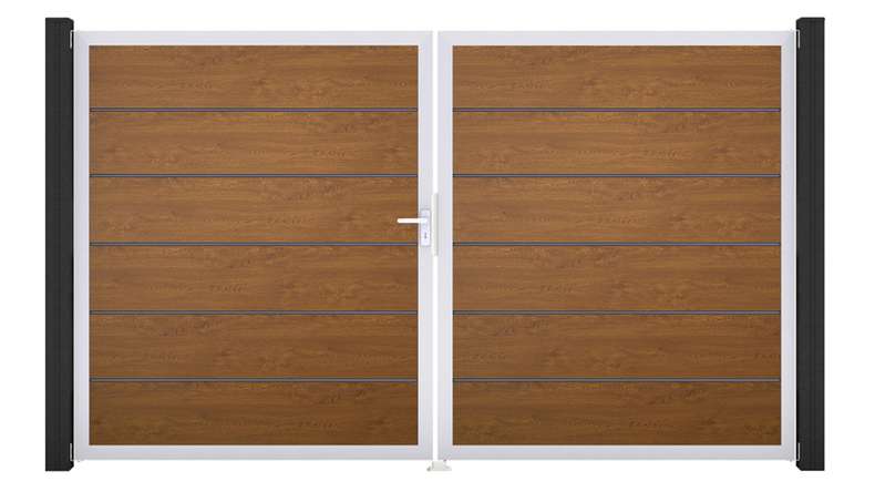 planeo Gardence Simply Premium - PVC-Tor 2-flügelig Golden Oak mit Alurahmen 300 x 180 cm