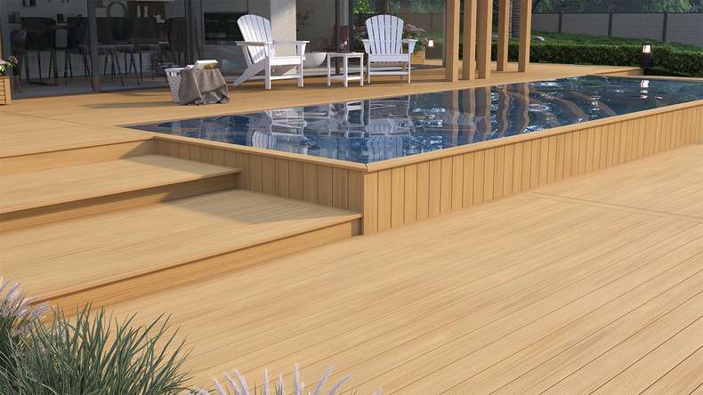 planeo WOODLine Nature - 3m WPC CoEx ummantelte Terrassendiele Verbundprofil leicht - Sand strukturiert/glatt gebürstet