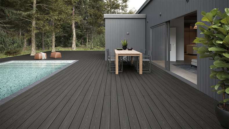 planeo SolidWood WPC-Terrasse Komplett-Set Massivdiele 3m (25.14m²) - Dunkelgrau französisch/strukturiert