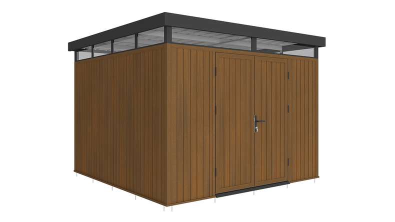 planeo WPC CoEx Flachdach Gartenhaus L - Burma Teak 300 x 292 x 226.5 cm