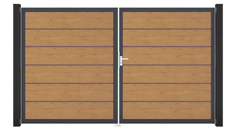 planeo Gardence Simply Premium - PVC-Tor - DIN Rechts 2-flügelig Asteiche Natur mit Anthrazit-Alurahmen | DB703 300 x 180 cm