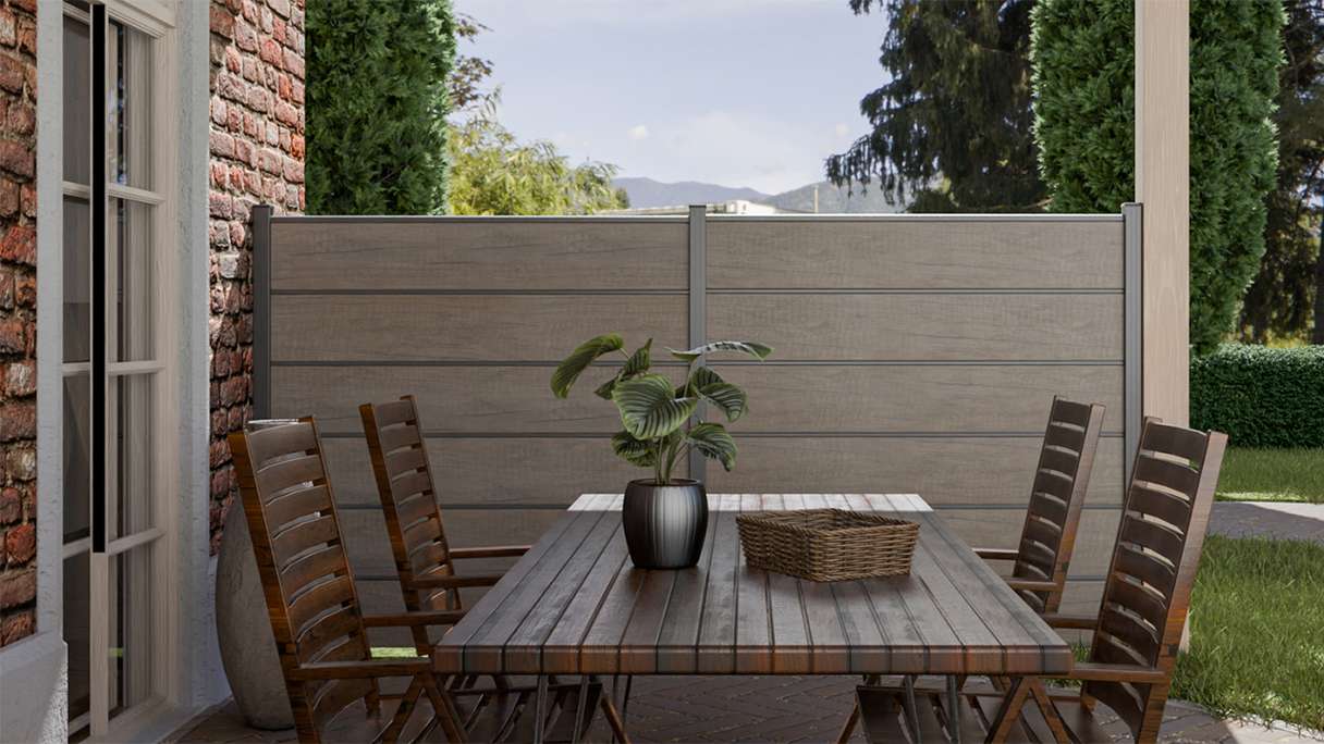 planeo Gardence Simply Premium - PVC-Steckzaun Monument Oak mit Lisenen in Anthrazit 180 x 180 cm