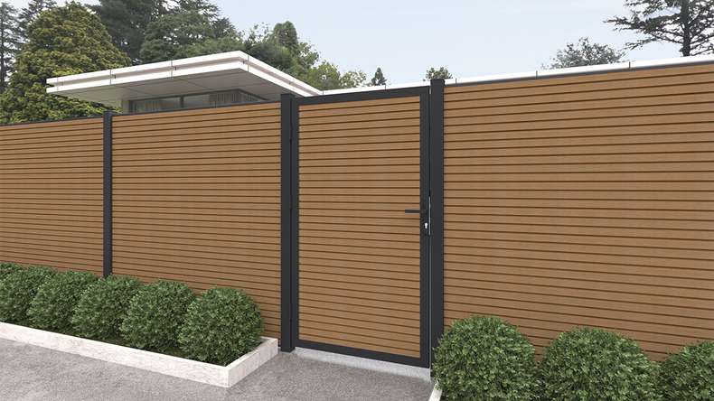 planeo LINEA - WPC CoEx Rhombus Universaltor Burma Teak mit Anthrazit Alurahmen 100 x 180 cm