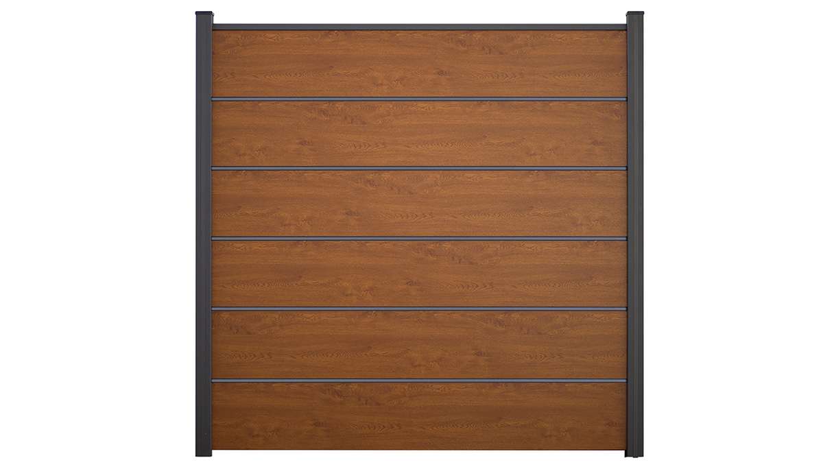 planeo Gardence Simply Premium - PVC-Steckzaun Golden Oak mit Lisenen in Anthrazit 180 x 180 cm