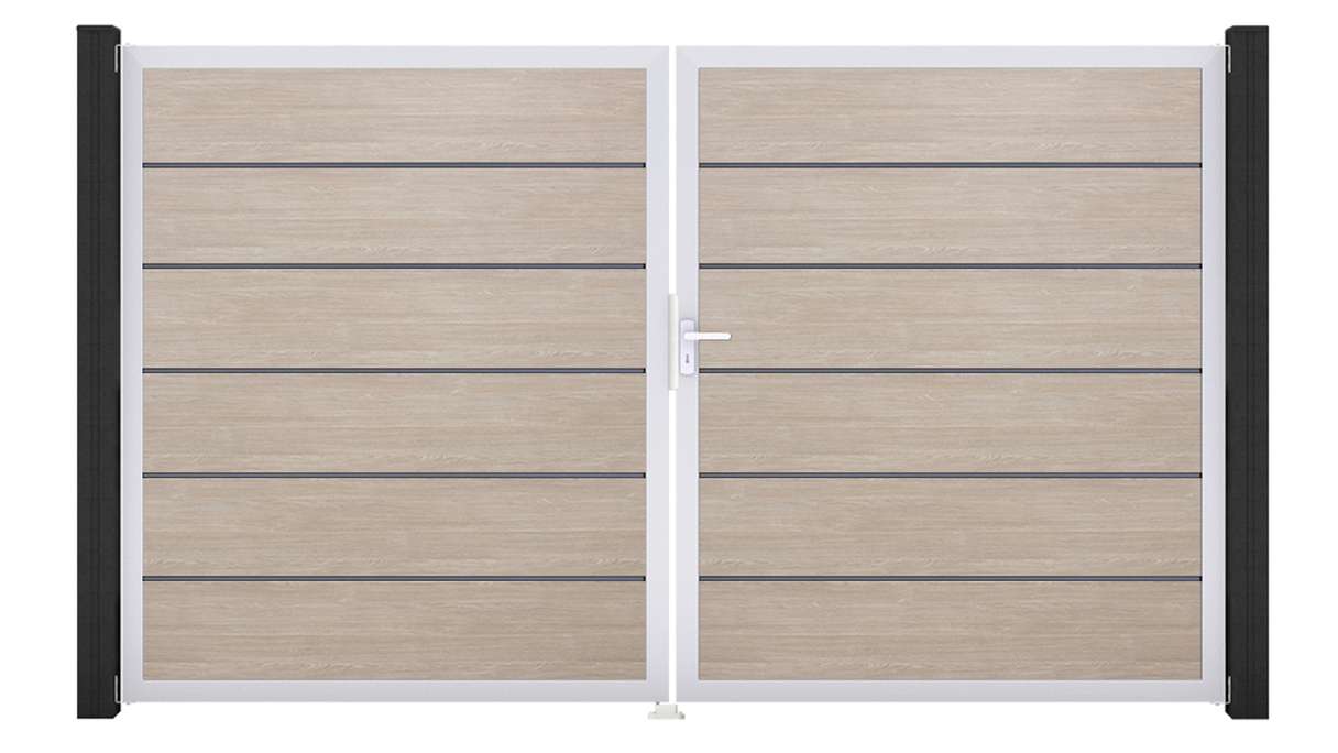 planeo Gardence Simply Premium - PVC-Tor 2-flügelig Sheffield Oak mit Alurahmen 300 x 180 cm