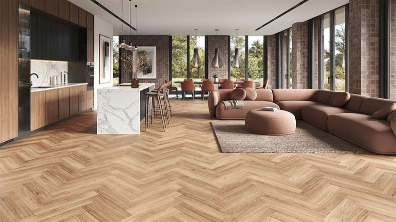 planeo Rigid Klick Vinyl - SolutionX 2in1 Fischgrät Eiche Hellbraun | Trittschalldämmung integr. (ECF-HB-4955)