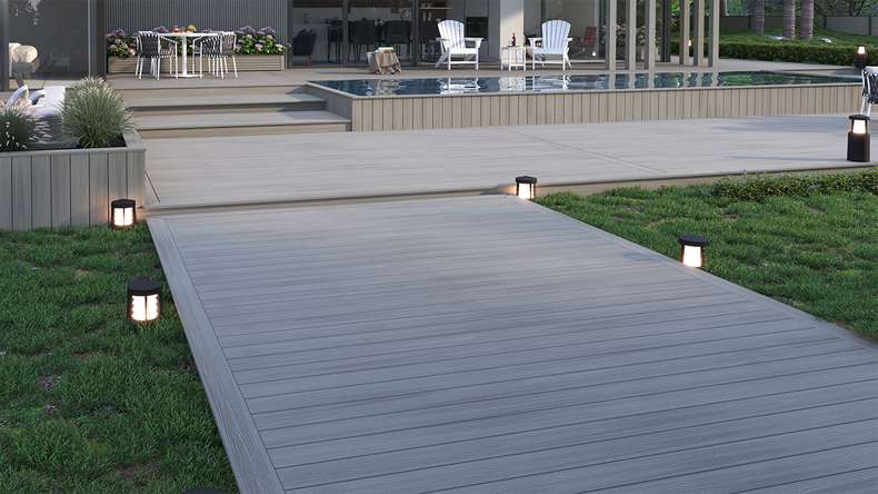 planeo WOODLine Nature - 3m WPC CoEx ummantelte Terrassendiele Verbundprofil leicht - Hellgrau strukturiert/glatt gebürstet