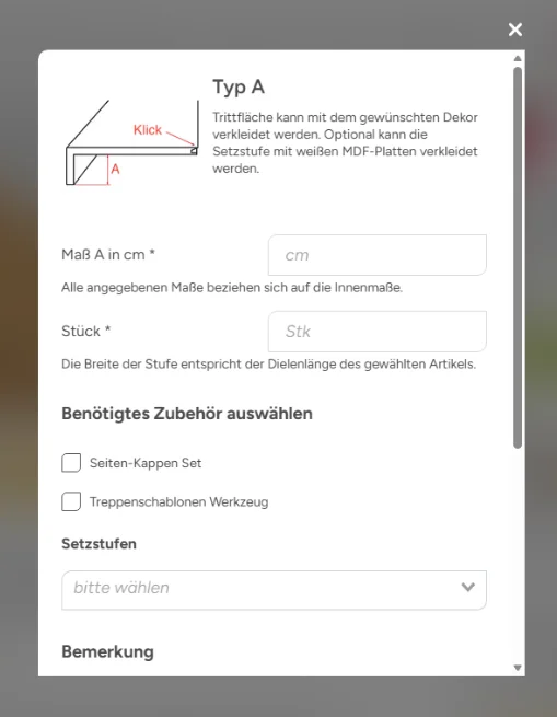 Ma&szlig;e und Angaben f&uuml;r den ausgew&auml;hlten Treppentyp eintragen