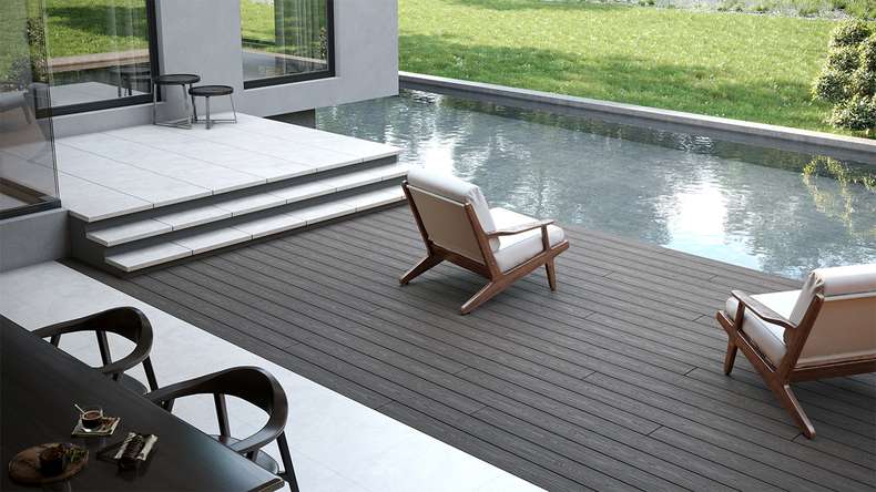 planeo CoEXWood WPC-Terrasse Komplett-Set Massivdiele 4.2m (18.52m²) - Grau/Zement strukturiert