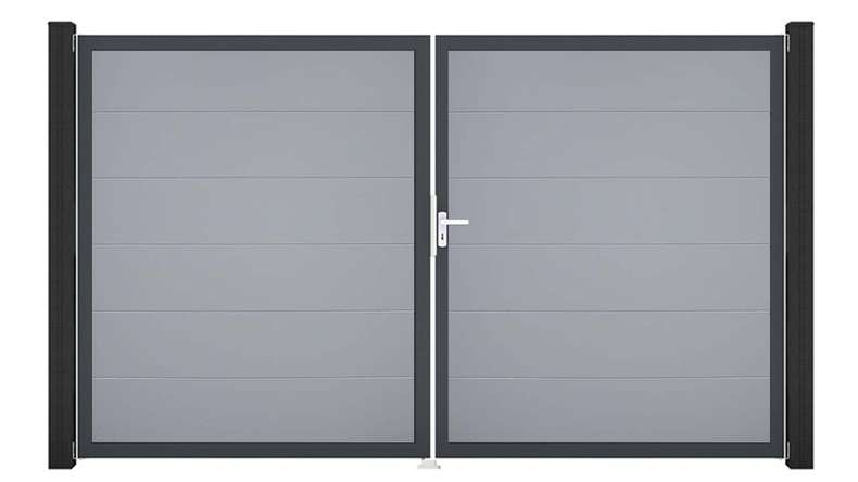 planeo Gardence Simply - PVC-Tor - DIN Rechts 2-flügelig Silbergrau mit Anthrazit-Alurahmen