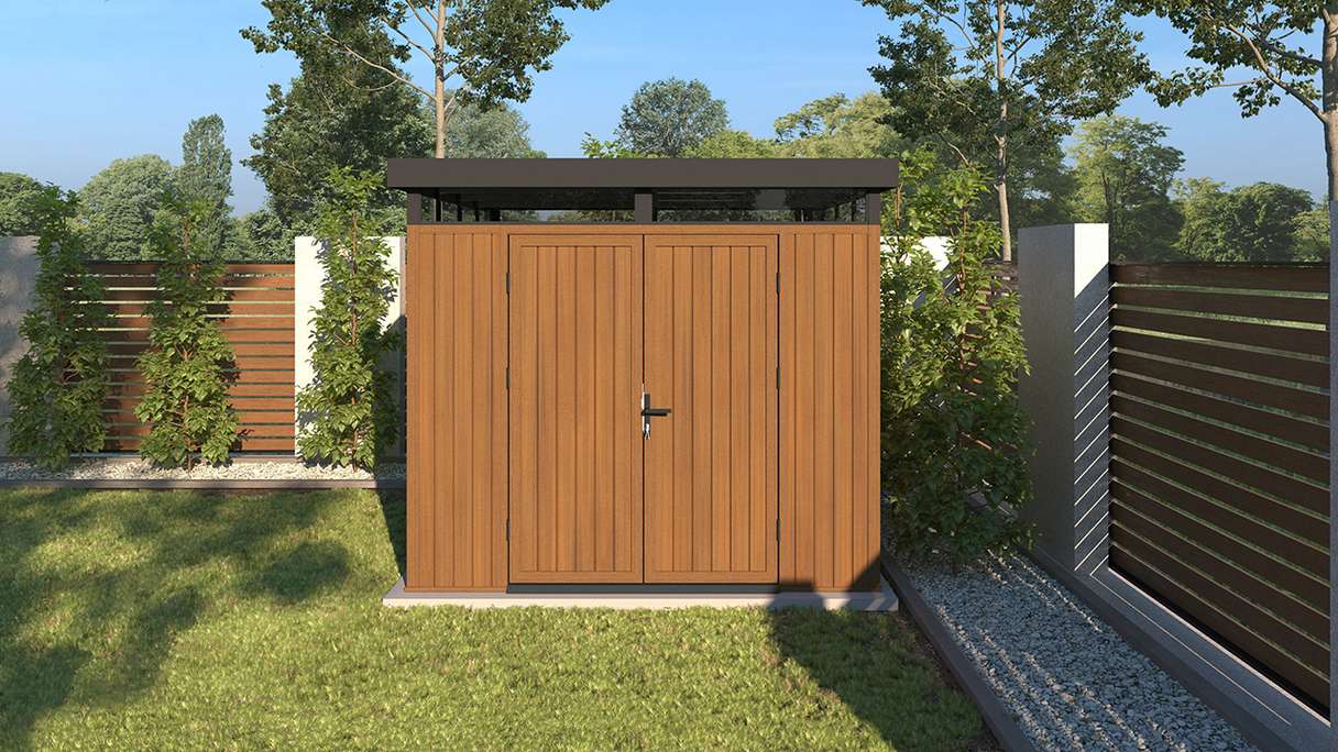planeo WPC CoEx Flachdach Gartenhaus M - Burma Teak 250 x 250 x 226.5 cm