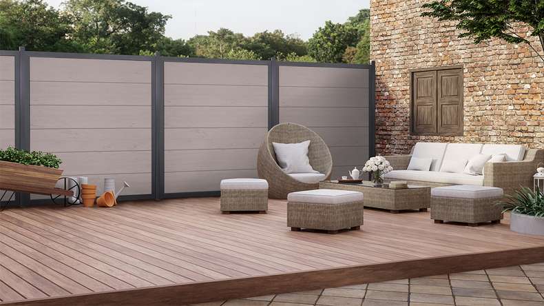 planeo Gardence Guard - BPC-Gartenzaun Quadratisch Bi-Color Sand mit Alu-Rahmen in Anthrazit