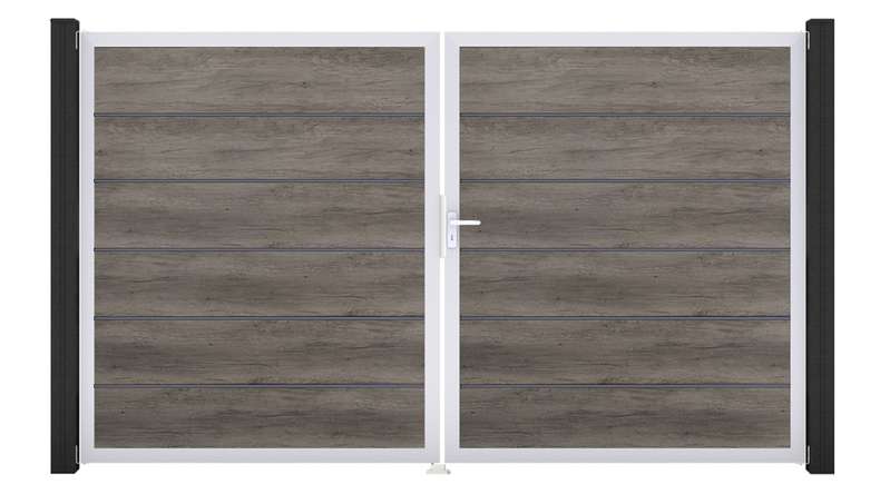 planeo Gardence Simply Premium - PVC-Tor - DIN Rechts 2-flügelig Monument Oak mit Silber-Alurahmen | EV1 300 x 180 cm