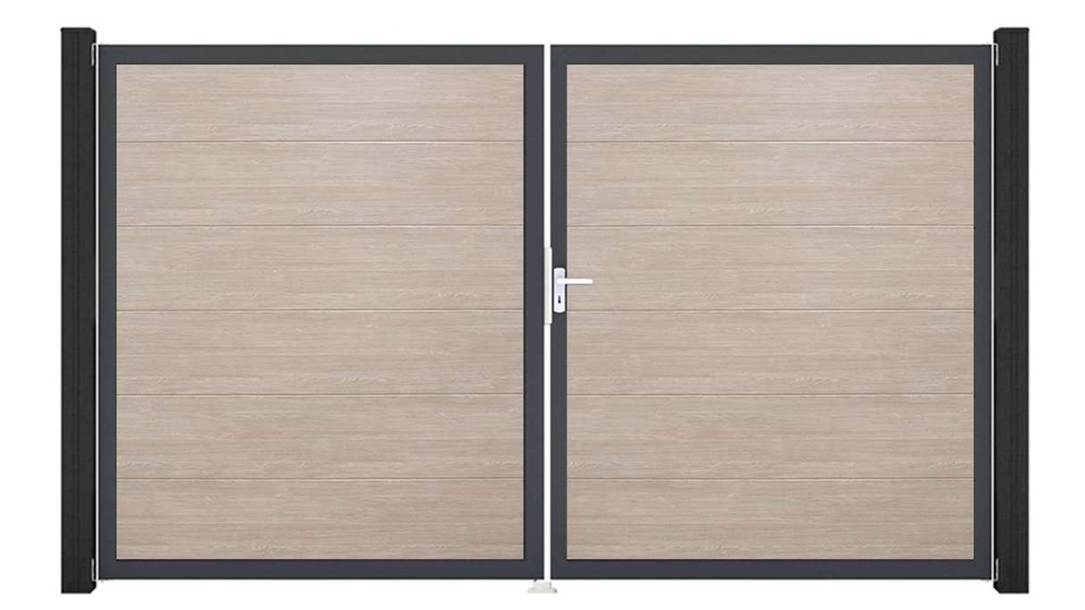 planeo Gardence Simply - PVC-Tor - DIN Rechts 2-flügelig Sheffield Oak mit Anthrazit-Alurahmen