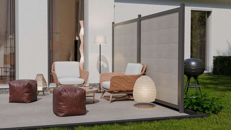 planeo Gardence Guard - BPC-Gartenzaun Quadratisch Bi-Color Sand mit Alu-Rahmen in Anthrazit