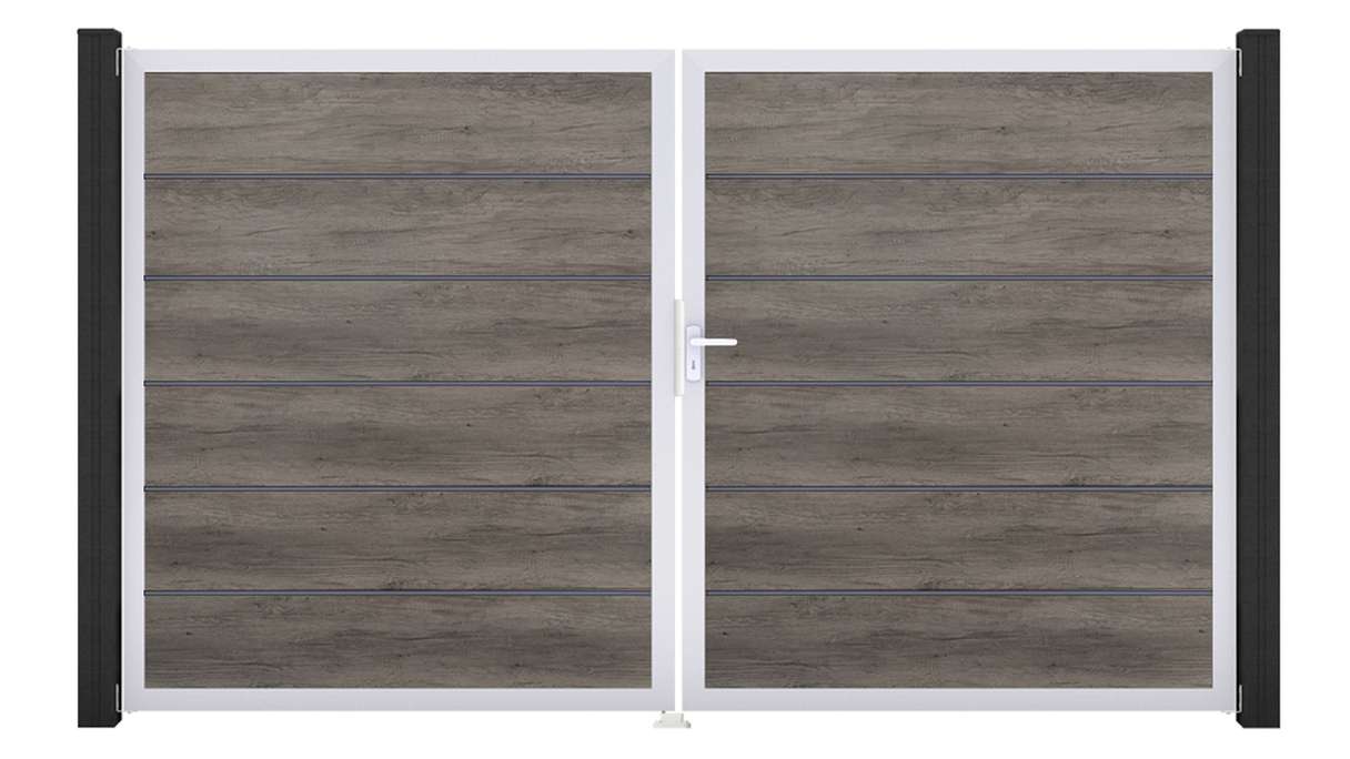 planeo Gardence Simply Premium - PVC-Tor 2-flügelig Monument Oak mit Alurahmen 300 x 180 cm