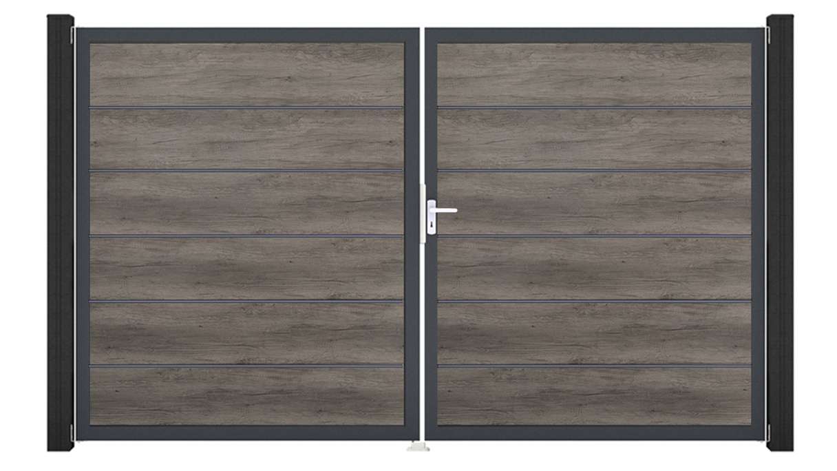 planeo Gardence Simply Premium - PVC-Tor 2-flügelig Monument Oak mit Alurahmen 300 x 180 cm